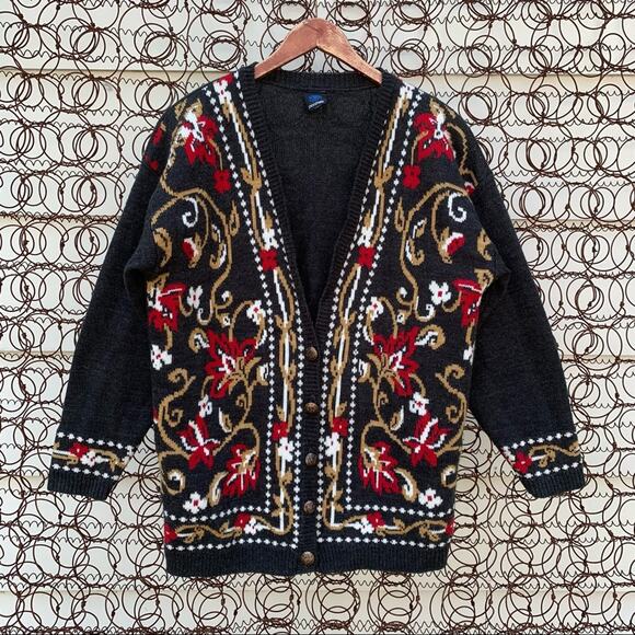 Vintage panther moody black red gold floral button down cardigan sweater LARGE? - Picture 1 of 6